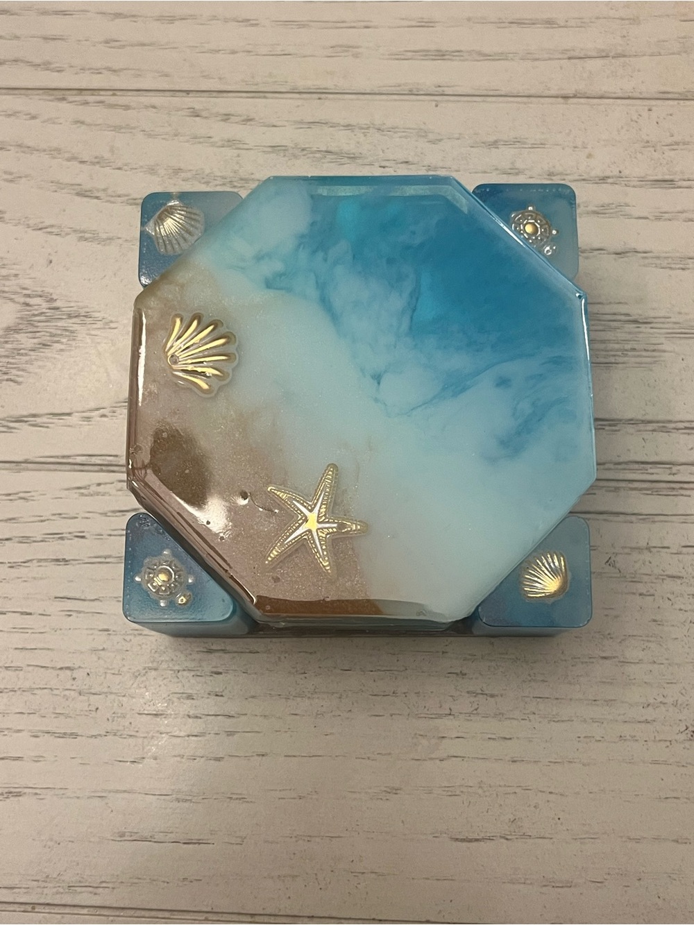 Handmade Ocean Beach Resin Coaster Set + Holder – Set of 4